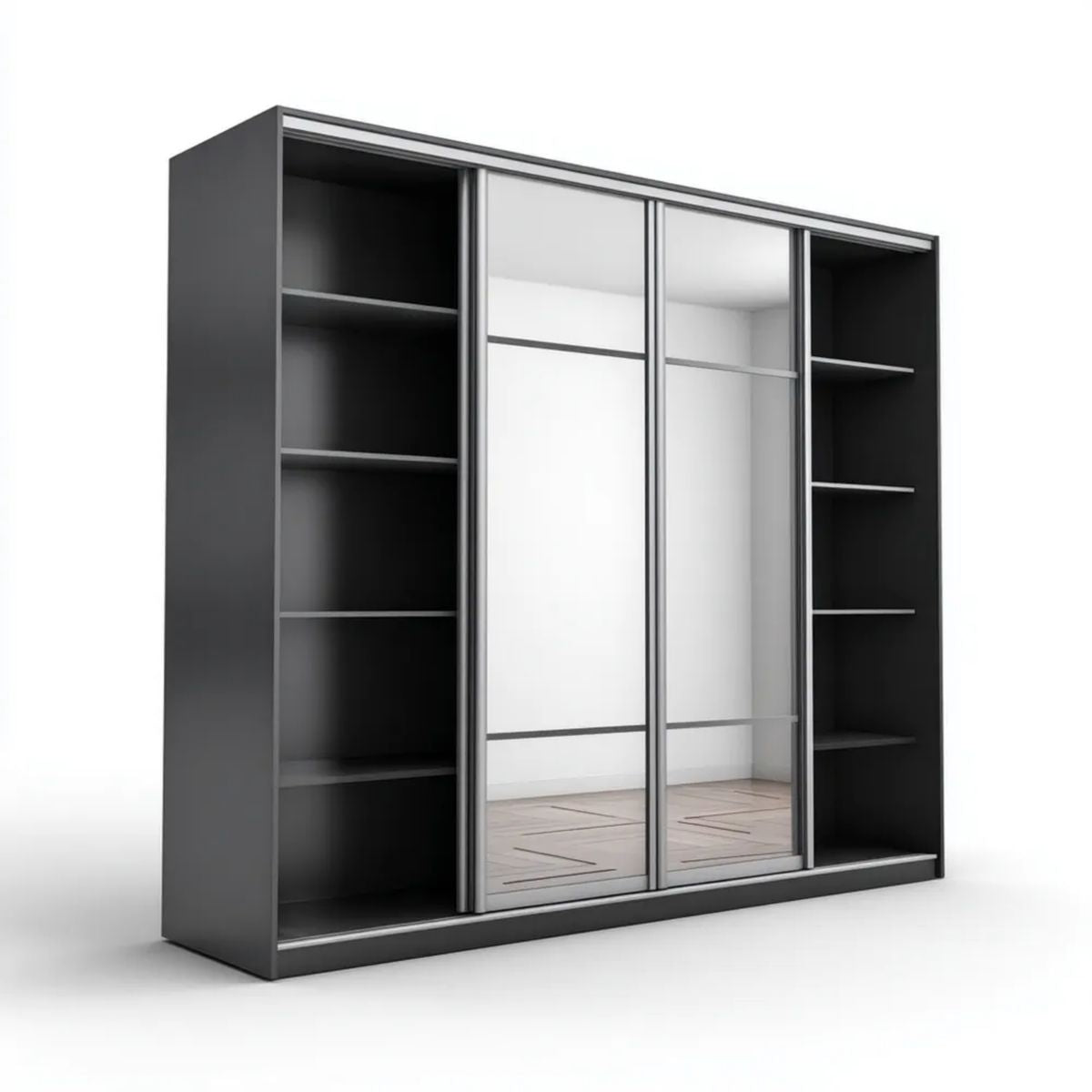 Czarna szafa przesuwna z lustrem z płyty wiórowej laminowanej 250 x 60 x 215 cm