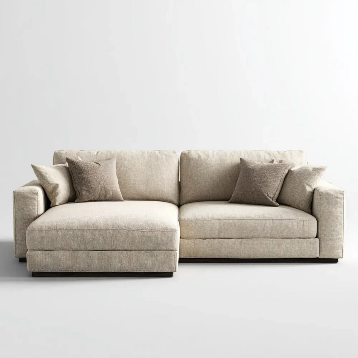 Beżowa sofa narożna z lewostronnym szezlongiem, tapicerka poliestrowa, 250 × 160 × 85 cm
