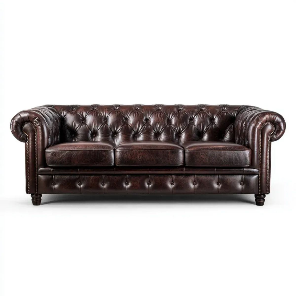 Trzyosobowa sofa Chesterfield z tapicerką PU, ciemnobrązowa, 225 x 90 x 78 cm