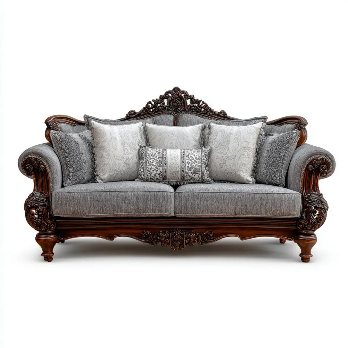 Trzyosobowa sofa klasyczna srebrnoszara z ciemnobrązową ramą z litego drewna bukowego, 225 x 95 x 110 cm