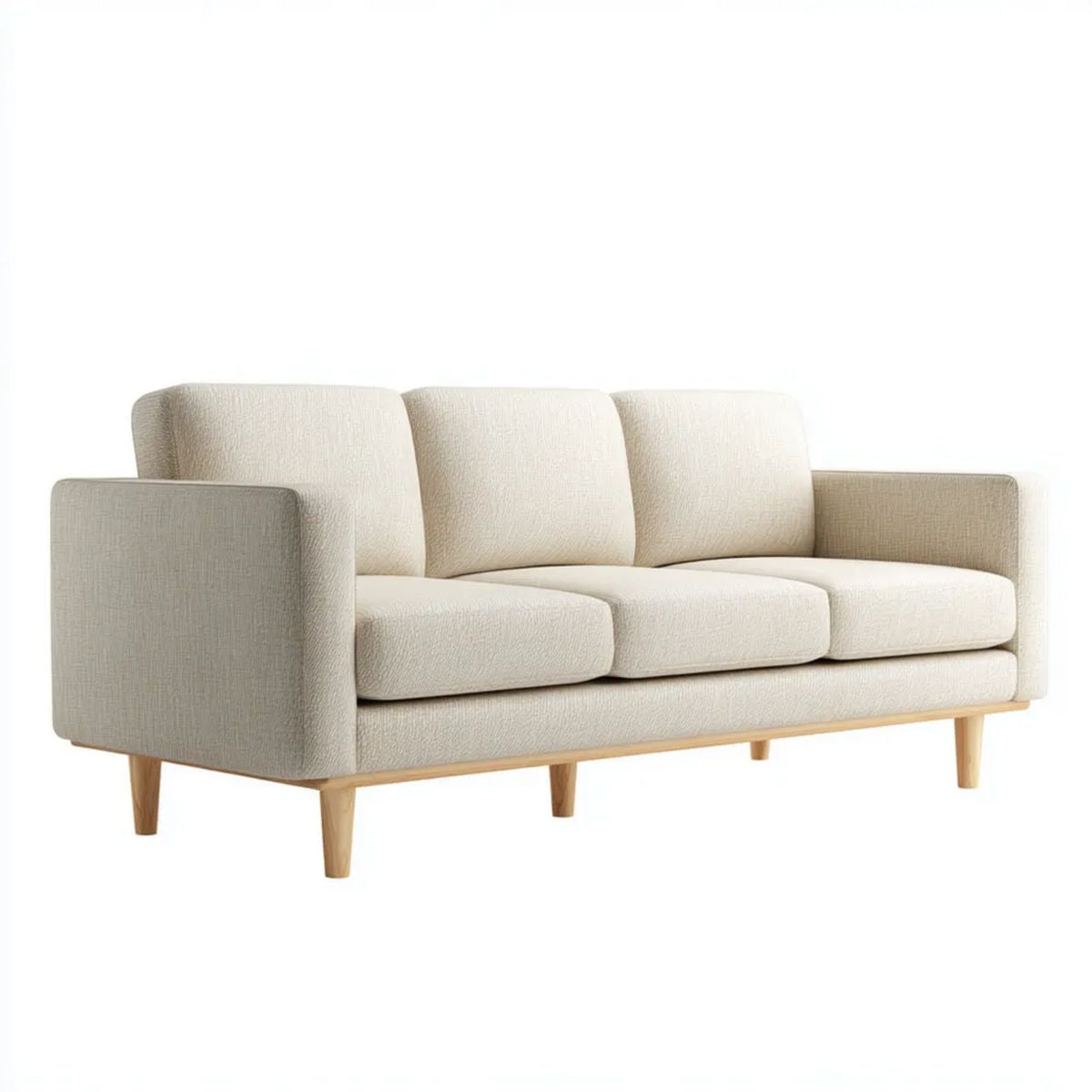 Trzyosobowa sofa kremowa z tapicerką bouclé i drewnianymi nogami, 210 x 88 x 84 cm