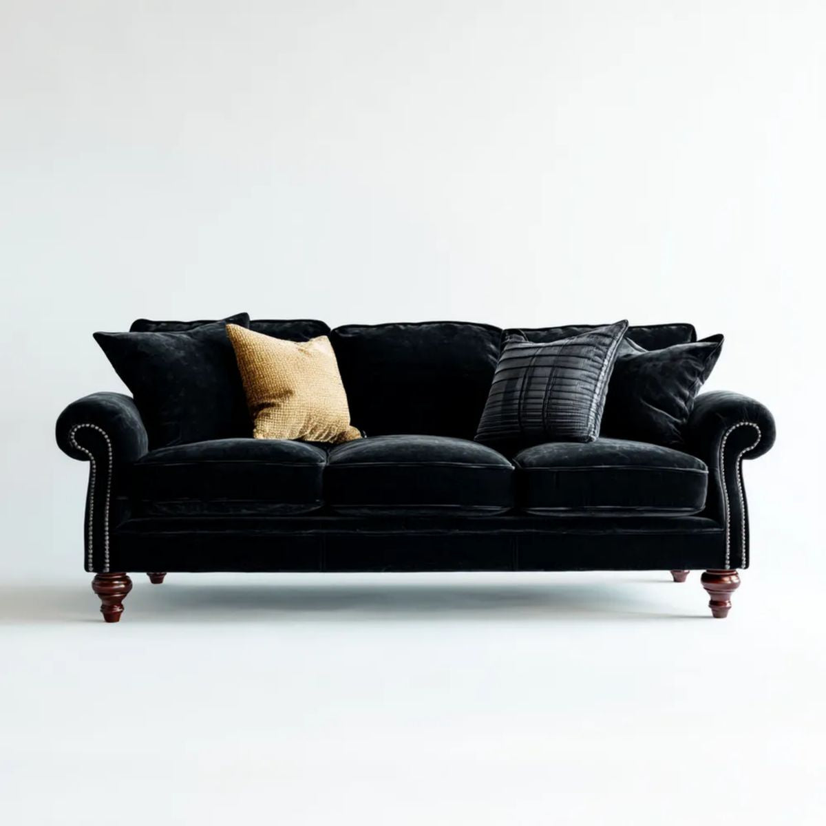 Sofa 3-osobowa z aksamitu czarna, 220 x 95 x 90 cm