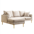 Beżowa aksamitna sofa narożna lewostronna z szezlongiem i złotymi metalowymi nogami, 260 x 160 x 85 cm