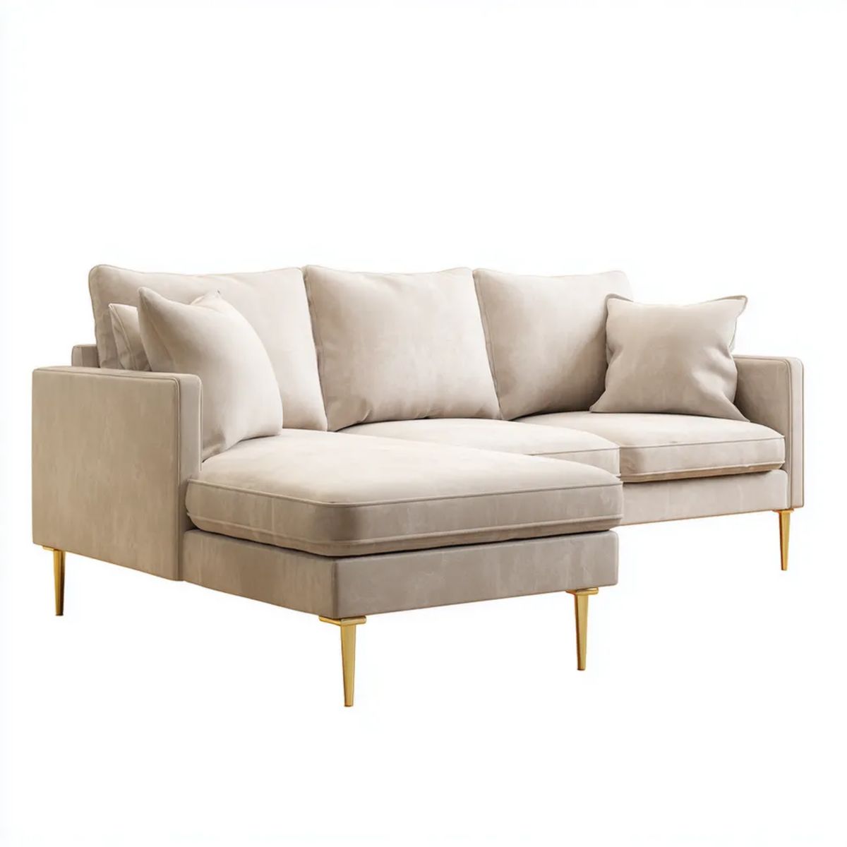 Beżowa aksamitna sofa narożna lewostronna z szezlongiem i złotymi metalowymi nogami, 260 x 160 x 85 cm