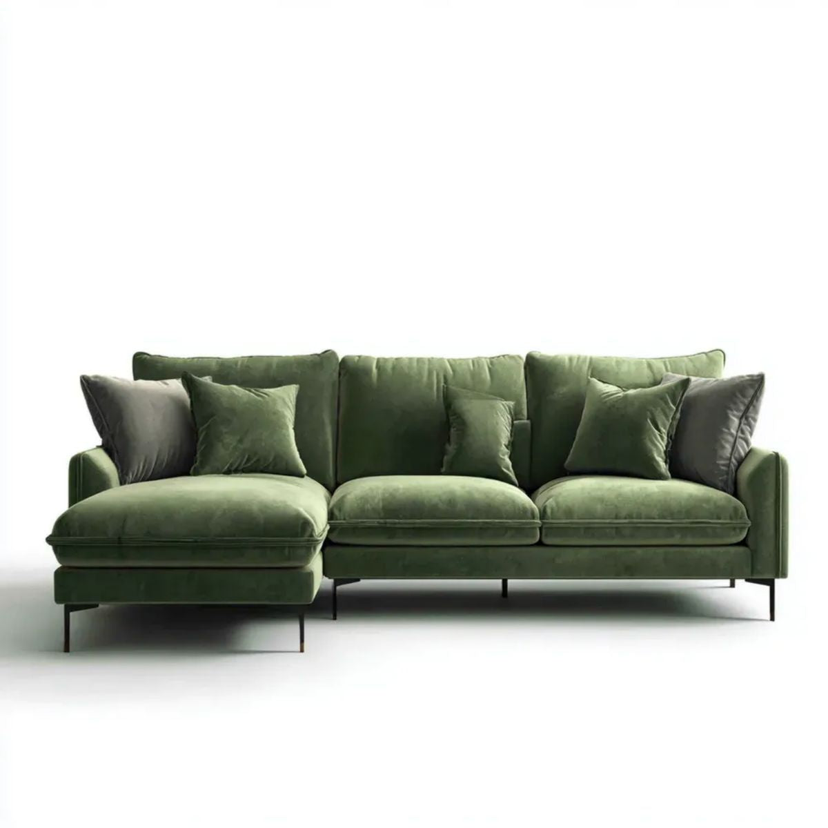 Zielona aksamitowa sofa narożna w kształcie L z lewostronnym szezlongiem, 280 x 160 x 85 cm
