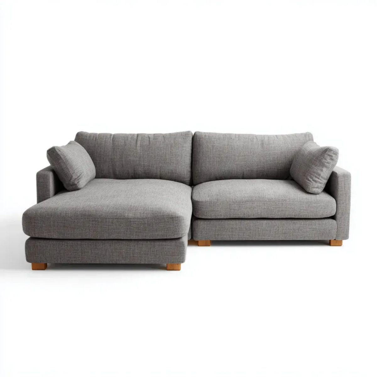 Szara sofa narożna z lewym szezlongiem, tapicerowana tkaniną, 230 x 150 x 85 cm