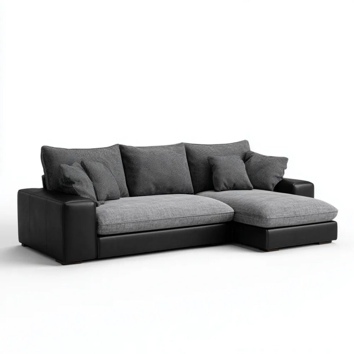 Prawostronna sofa narożna z szezlongiem z tkaniny i skóry PU, szaro-czarna, 260 × 160 × 85 cm