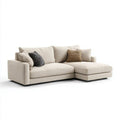 Beżowa prawostronna sofa narożna z szezlongiem, tapicerka poliestrowa, 260 × 170 × 85 cm