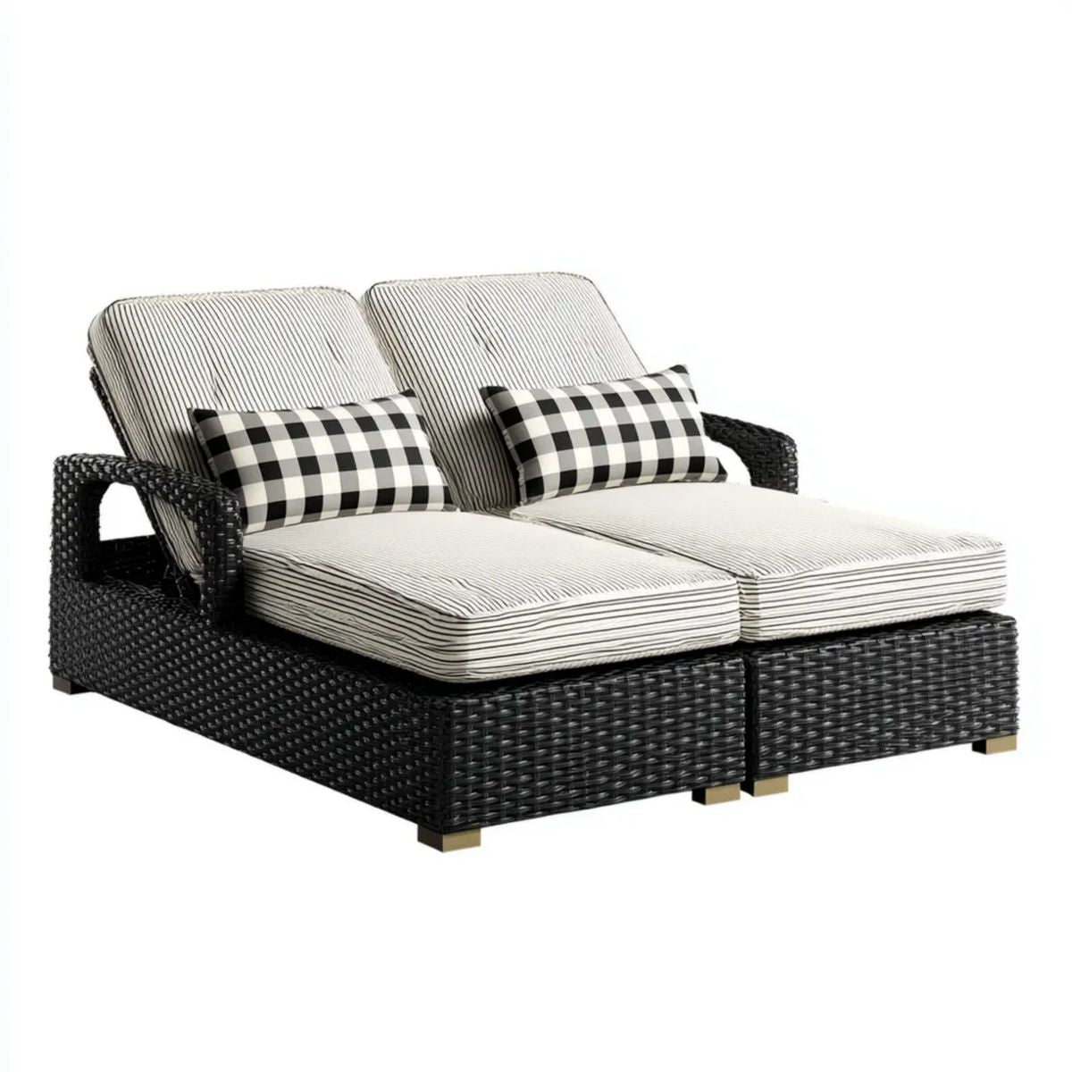 Podwójny leżak ogrodowy z regulowanymi oparciami, czarny rattan PE, biało-czarne poduszki, 200 x 120 x 90 cm
