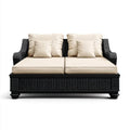Dwuosobowa sofa ogrodowa z technorattanu, czarna z beżowymi poduszkami, 160 × 85 × 85 cm