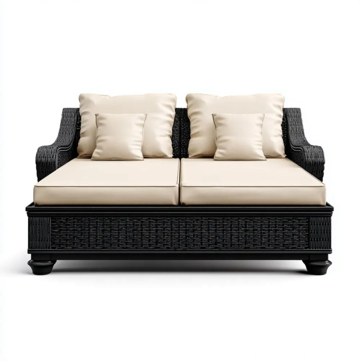 Dwuosobowa sofa ogrodowa z technorattanu, czarna z beżowymi poduszkami, 160 × 85 × 85 cm